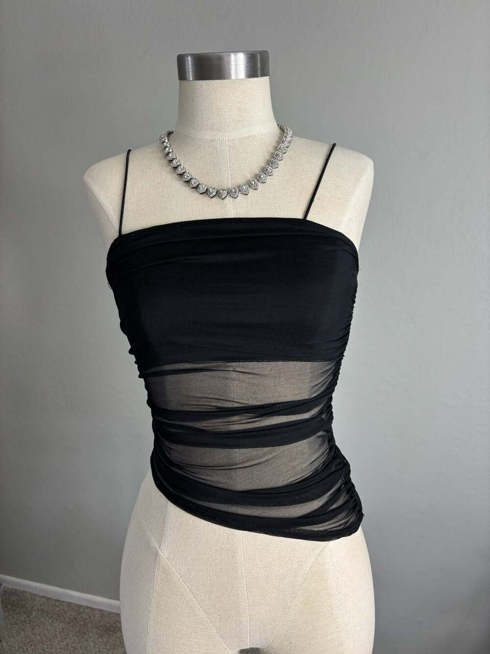 Women's Black Ruched Mesh Camisole Crop Top